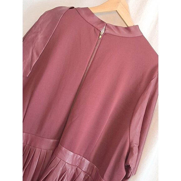 Eloquii Faux Leather Pleated Skirt Tie Neck Midi Dress Burgundy PLS READ Size 28 - Picture 6 of 12